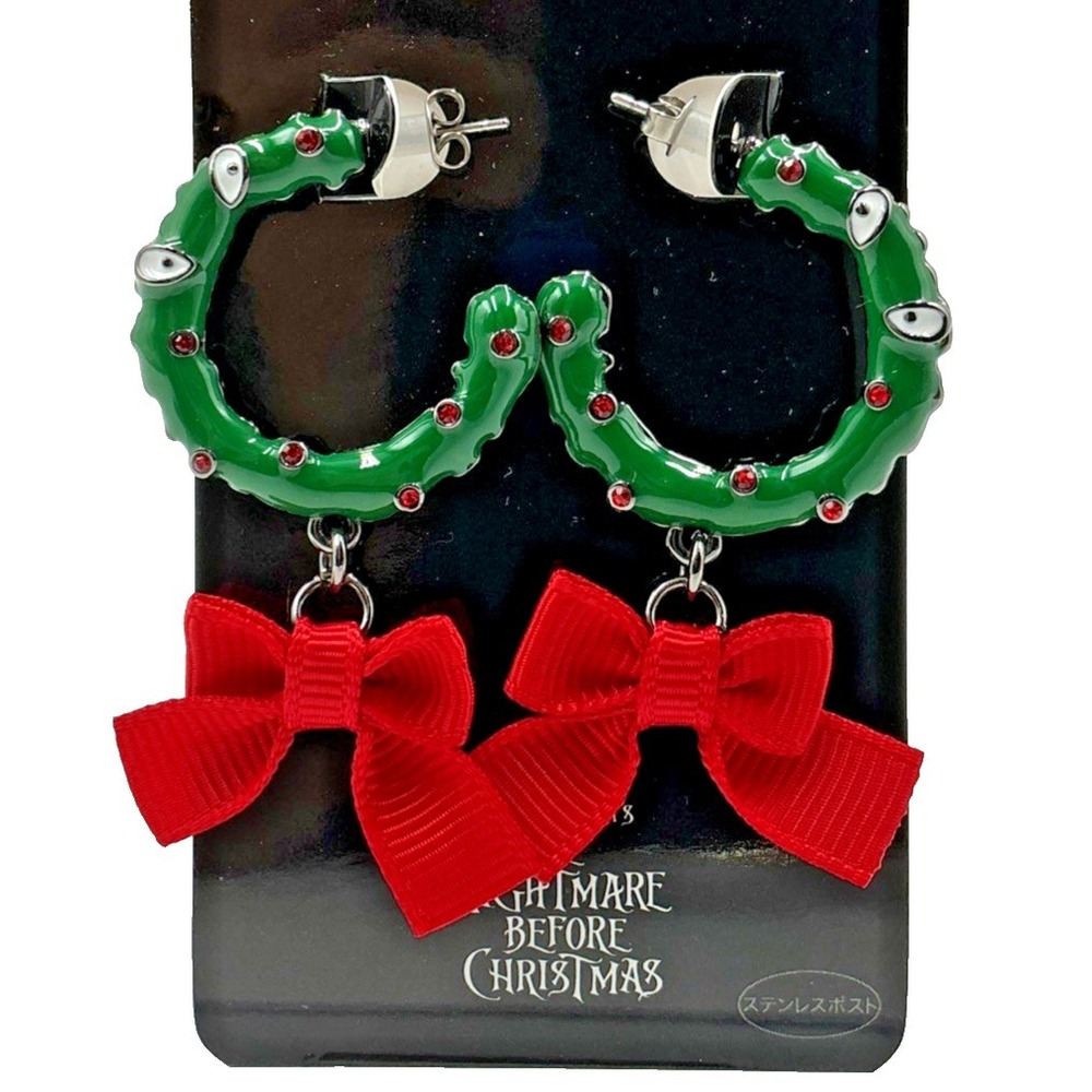 Tokyo Disney Resort Nightmare Before Christmas Wreath Bow Pierced Earrings Japan